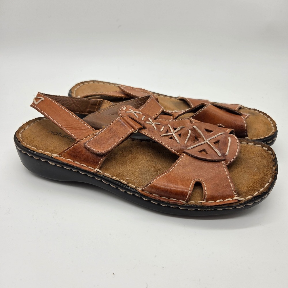 Natural Soul Sandals Womens 8.5 Brown Leather Camelot Cosmo-10 Slingback Stitch
